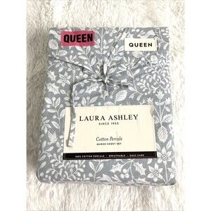 Laura Ashley Cotton Percale Queen Sheet Set Gray Deer Dance Holiday Print